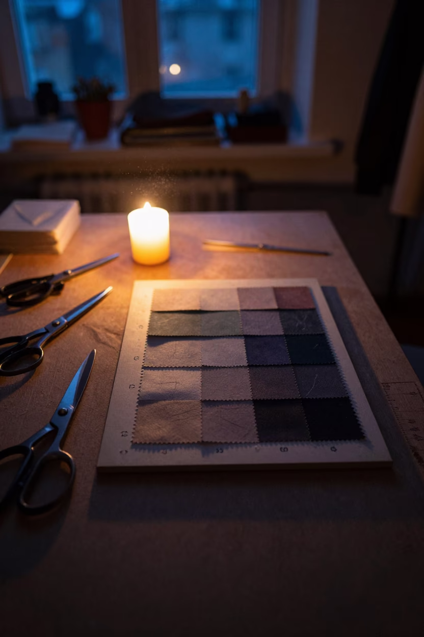 Tailoring Chalk and Swatch Board at Blue Hour in at a tailoring table strewn with chalk and shears in Timisoara