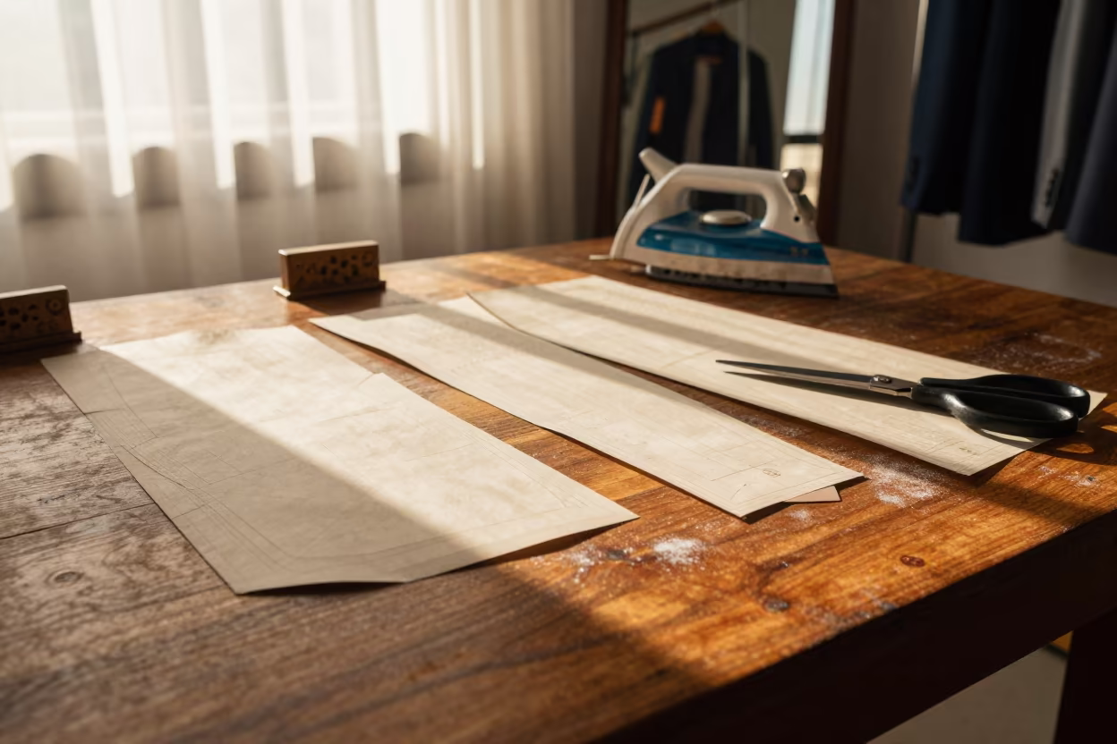 Tailoring Pattern Shears Weights Golden Hour Recife in at a tailoring table strewn with chalk and shears near Recife