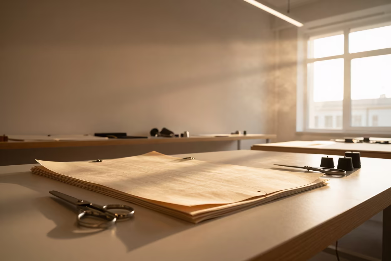 Tailoring Patterns Shears Weights Golden Hour Berlin in inside a minimalist showroom near East Side Gallery, Berlin