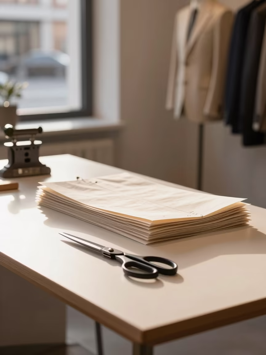 Tailoring Patterns Shears Weights Golden Hour in inside a minimalist showroom near Odense