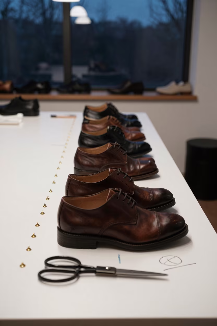 Tailoring table shoes brass pins winter twilight in at a tailoring table strewn with chalk and shears near Dalian