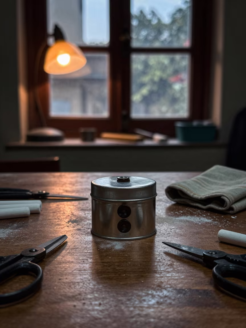 Tailor's Chalk and Horn Buttons in Dhaka Workshop in at a tailoring table strewn with chalk and shears in Dhaka