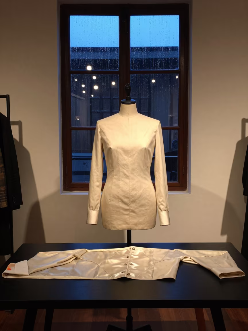 Tailor's Sleeve Board with Pressed Cuffs in Sanaa in inside a minimalist showroom near Sanaa