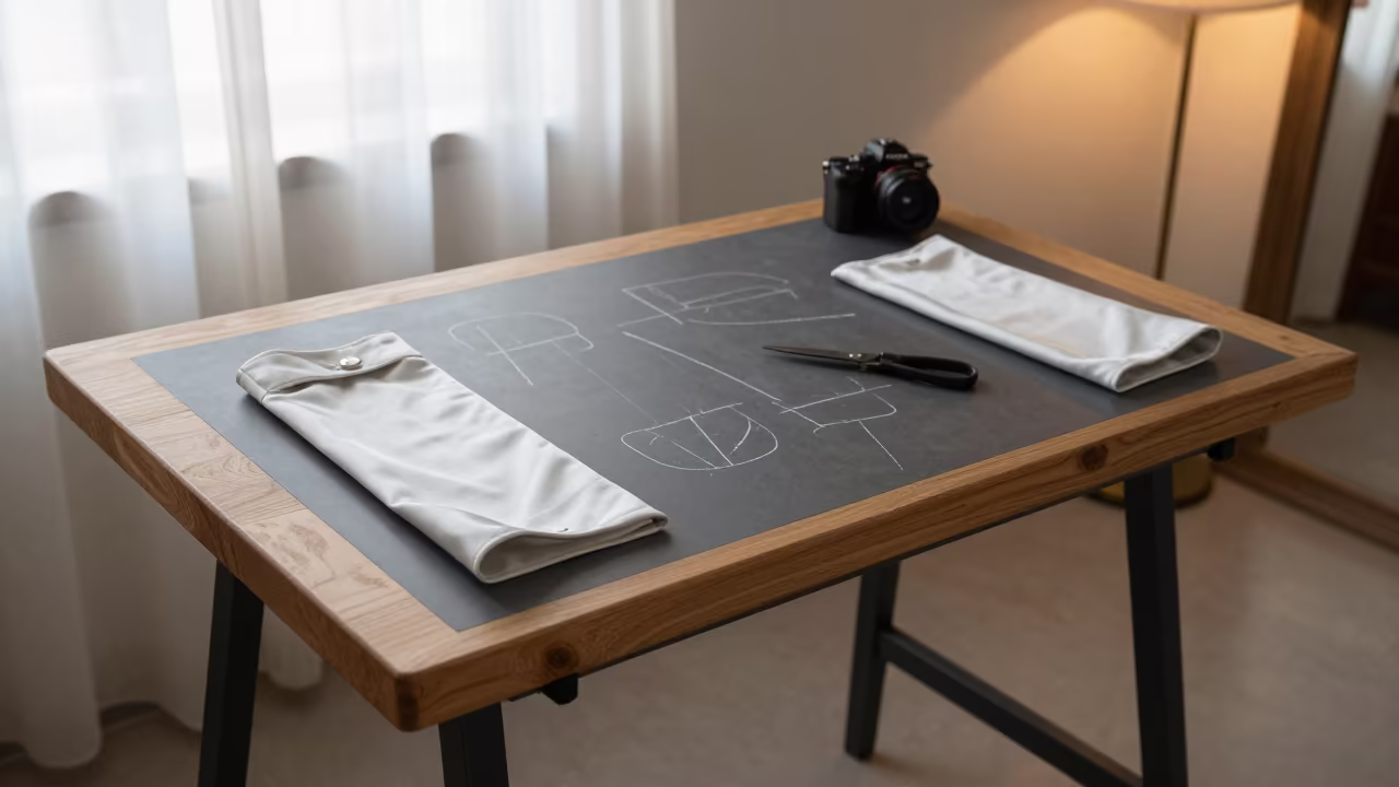 Tailor's Sleeve Board with Silk Lining in Sacaba in at a tailoring table strewn with chalk and shears in Sacaba