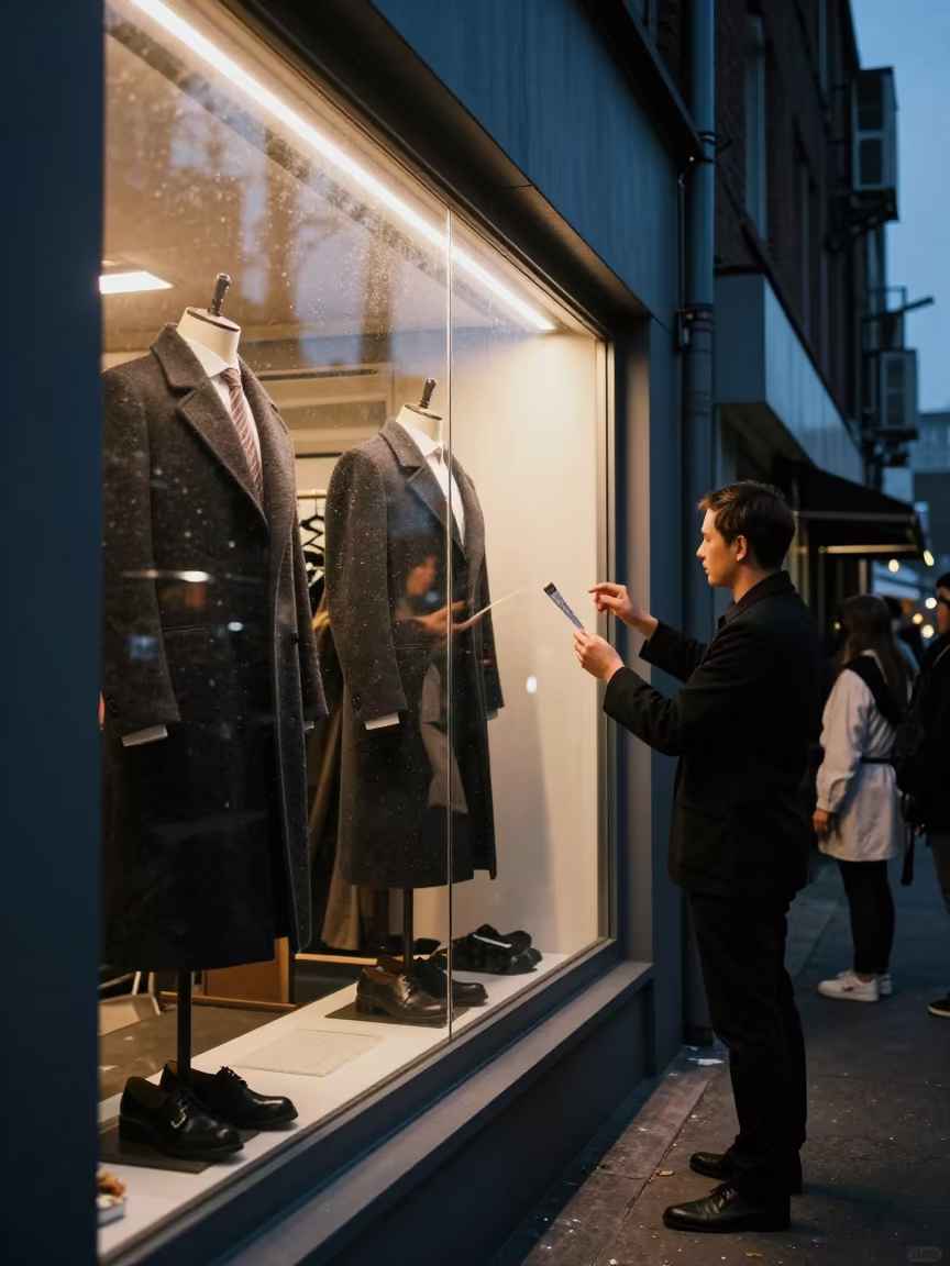 Tailor's Window Coats Twilight Neon Light in in a backstage changing corridor in Carrefour