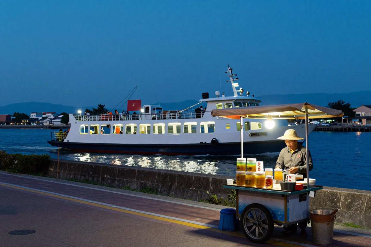 Tainan Blue Hour Street Scene with Chain Ferry and Tea Vendor in in Tainan, Taiwan