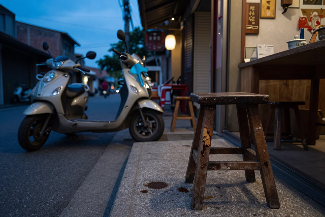 Tainan Blue Hour Street Scene with Scooter and Tea Stains in in Tainan, Taiwan