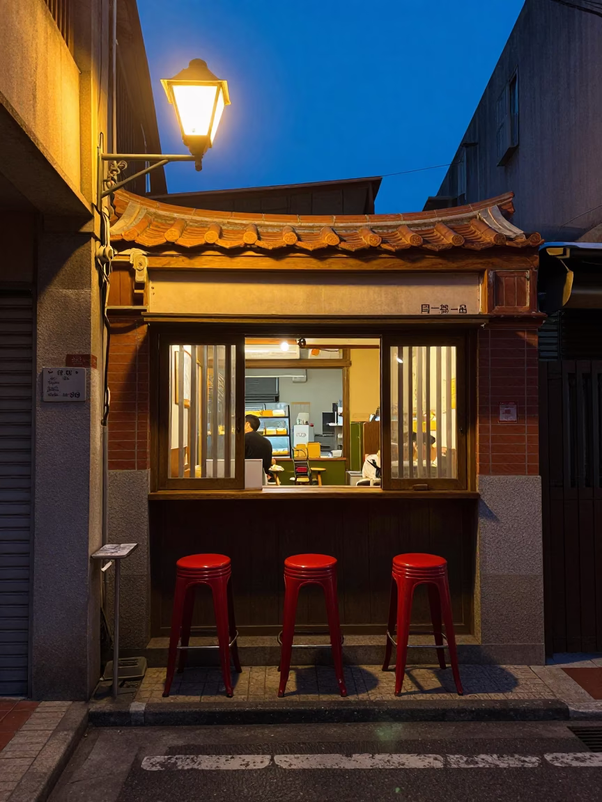 Tainan Blue Hour Street Scene with Vintage Bar Stools and Local Life in in Tainan, Taiwan
