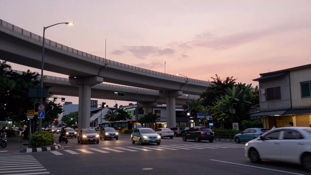Tainan Early Evening Street Scene with Highway Flyover and Local Vendor in in Tainan, Taiwan