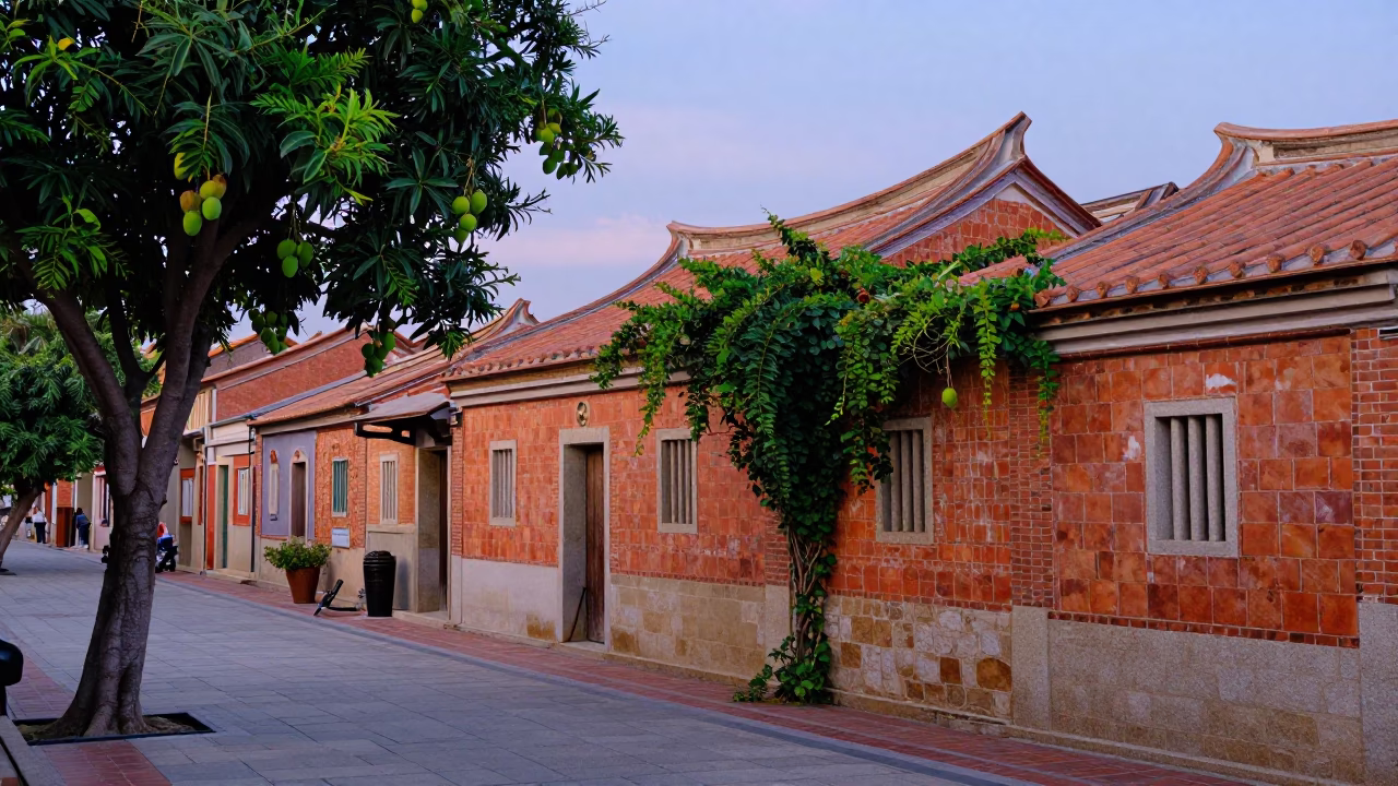 Tainan Early Evening Street Scene with Mango Trees and Traditional Architecture in in Tainan, Taiwan