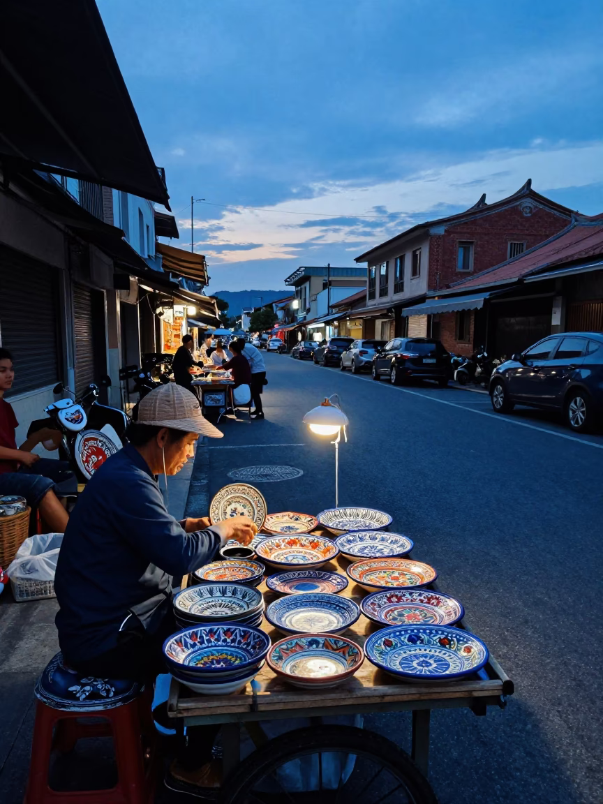Tainan Evening Blue Hour Street Vendor Selling Majolica Plates in in Tainan, Taiwan