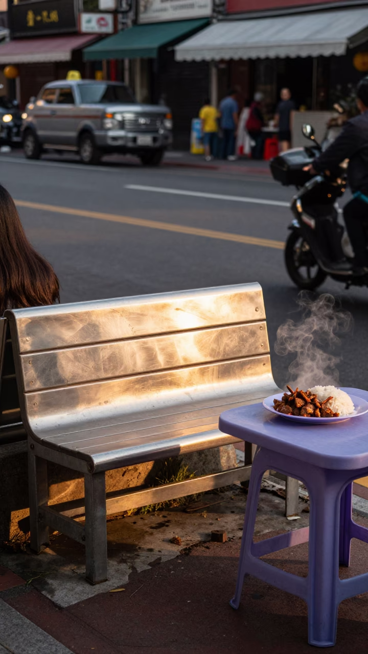 Tainan Evening Street Scene with Brushed Steel Bench and Local Diners in in Tainan, Taiwan