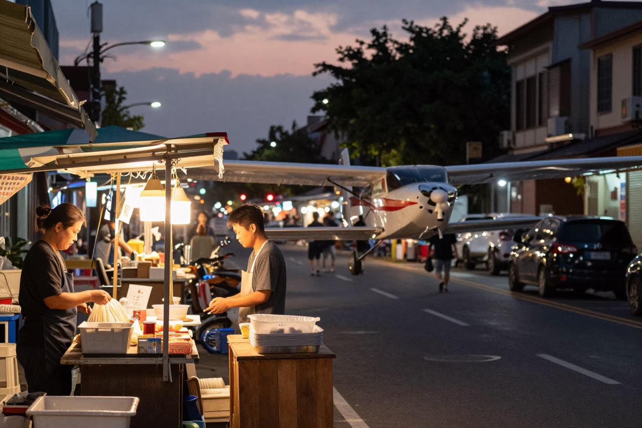 Tainan Evening Street Scene with Model Airplane and Coiled Rope on Wooden Table in in Tainan, Taiwan