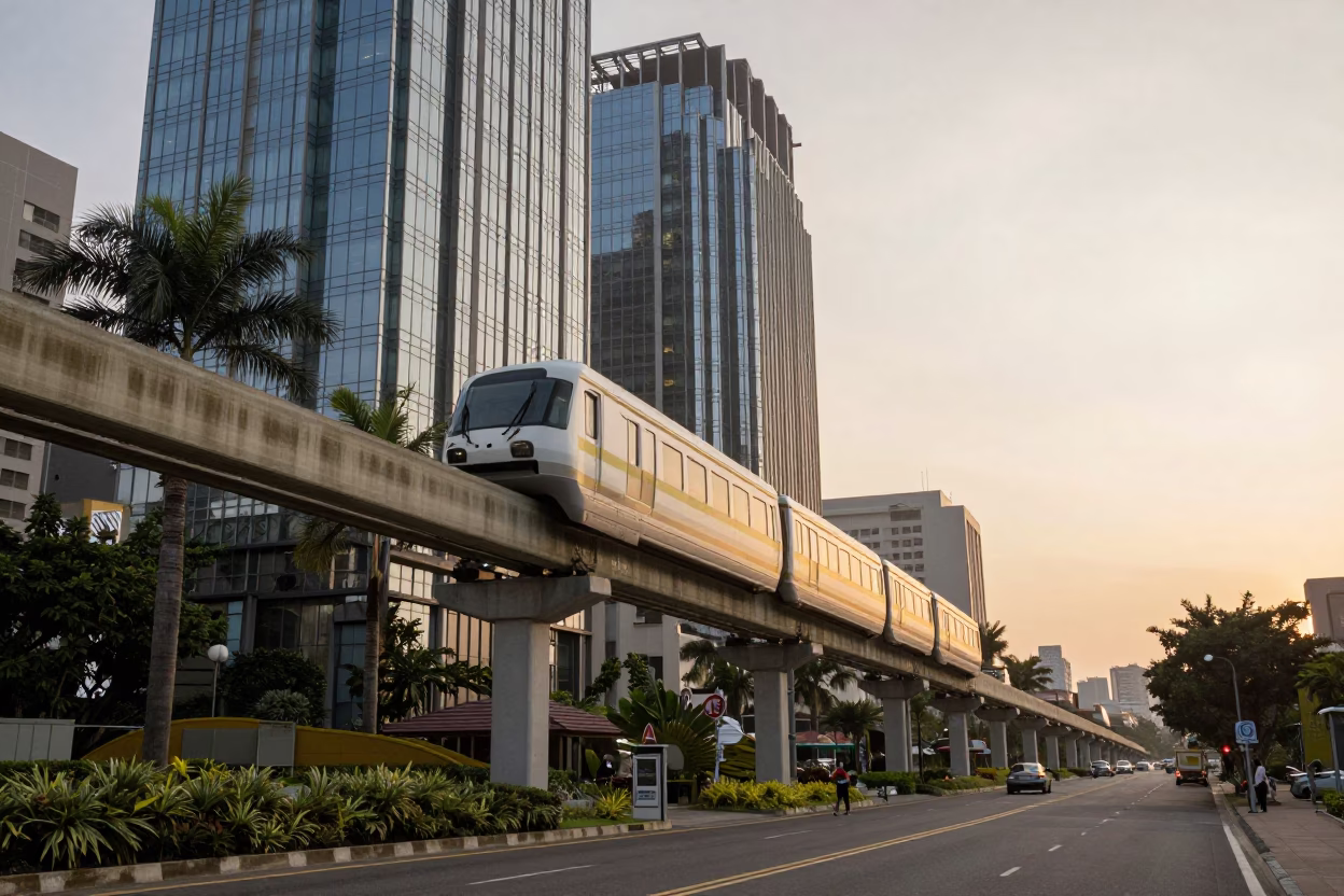 Tainan Evening Street Scene with Monorail and Glass Towers in Honeyed Light in in Tainan, Taiwan