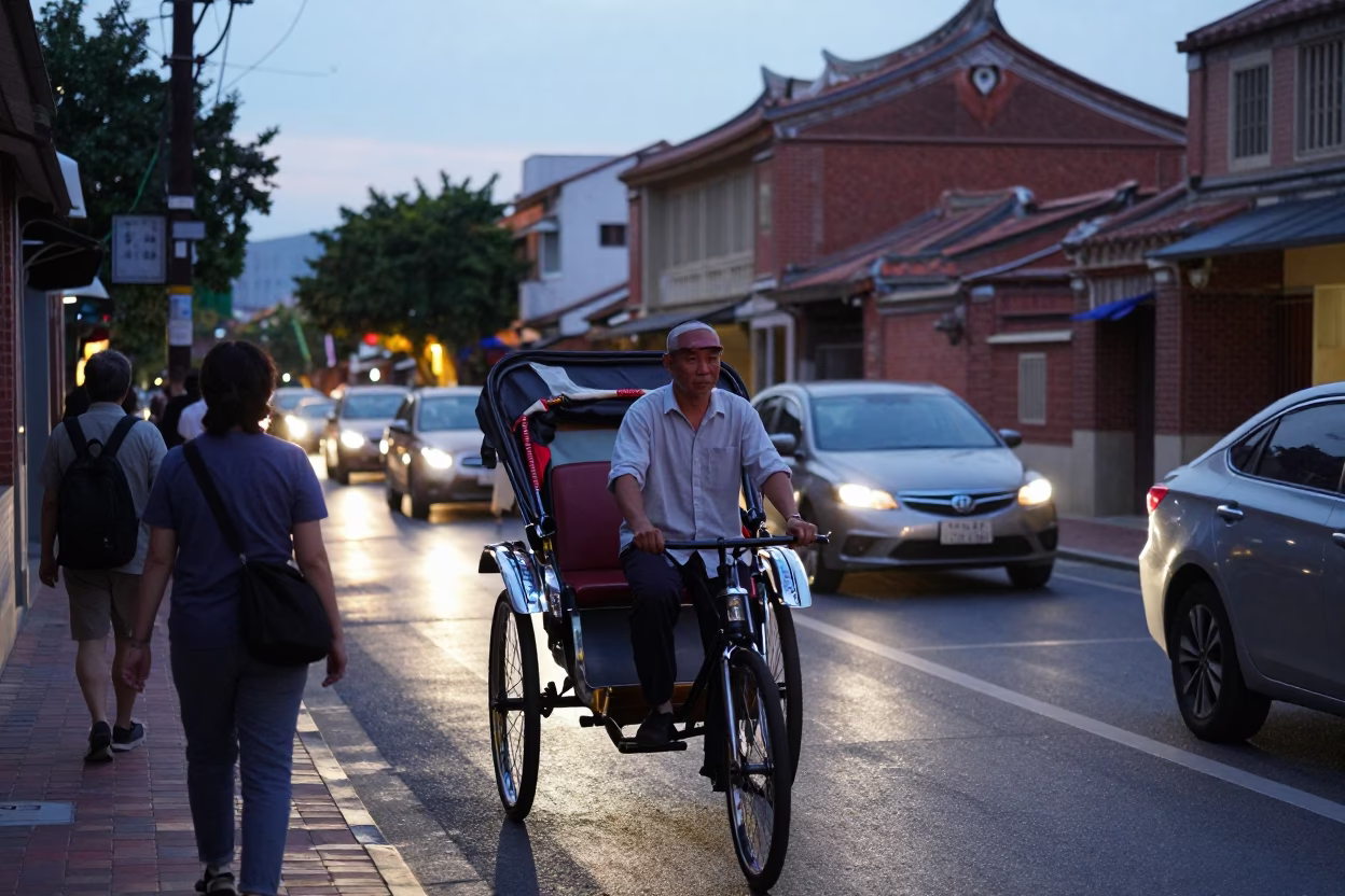 Tainan Evening Street Scene with Rickshaw Driver and Traditional Architecture in in Tainan, Taiwan
