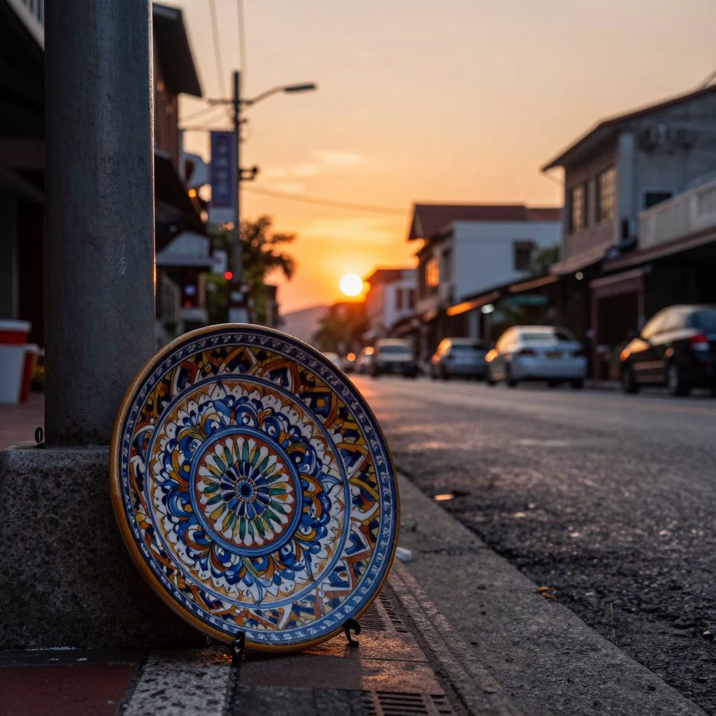 Tainan Evening Street Scene with Vintage Majolica Plate and Rusty Hook Plate at Sunset in in Tainan, Taiwan