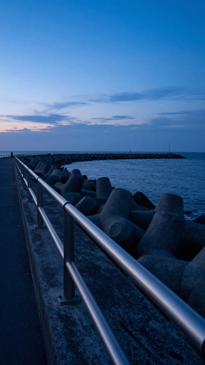 Tainan Harbor Breakwater at Indigo Twilight After Sunset in in Tainan, Taiwan