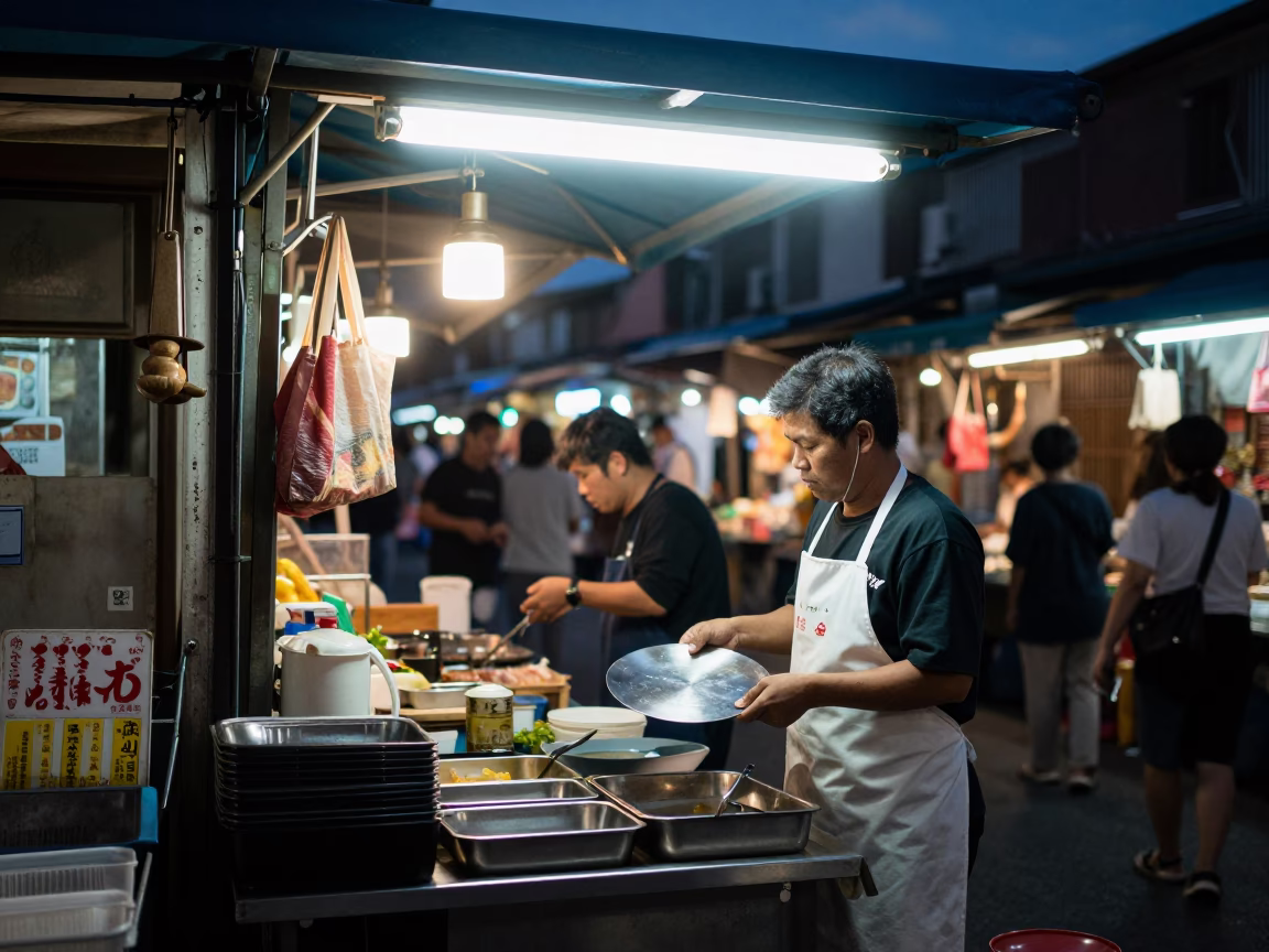 Tainan Market Scene at The Predawn Darkness Light in in Tainan, Taiwan