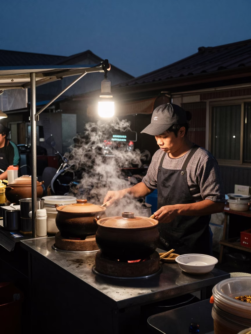 Tainan Night Market Food Stall Prep in Predawn Darkness with Grease Sheen and Clipboard in in Tainan, Taiwan