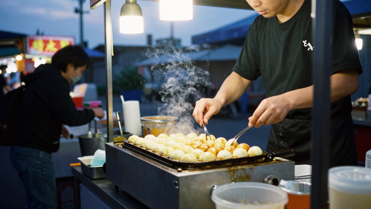 Tainan Night Market Street Food Stall with Takoyaki Grill and Blue Hour Sky in in Tainan, Taiwan