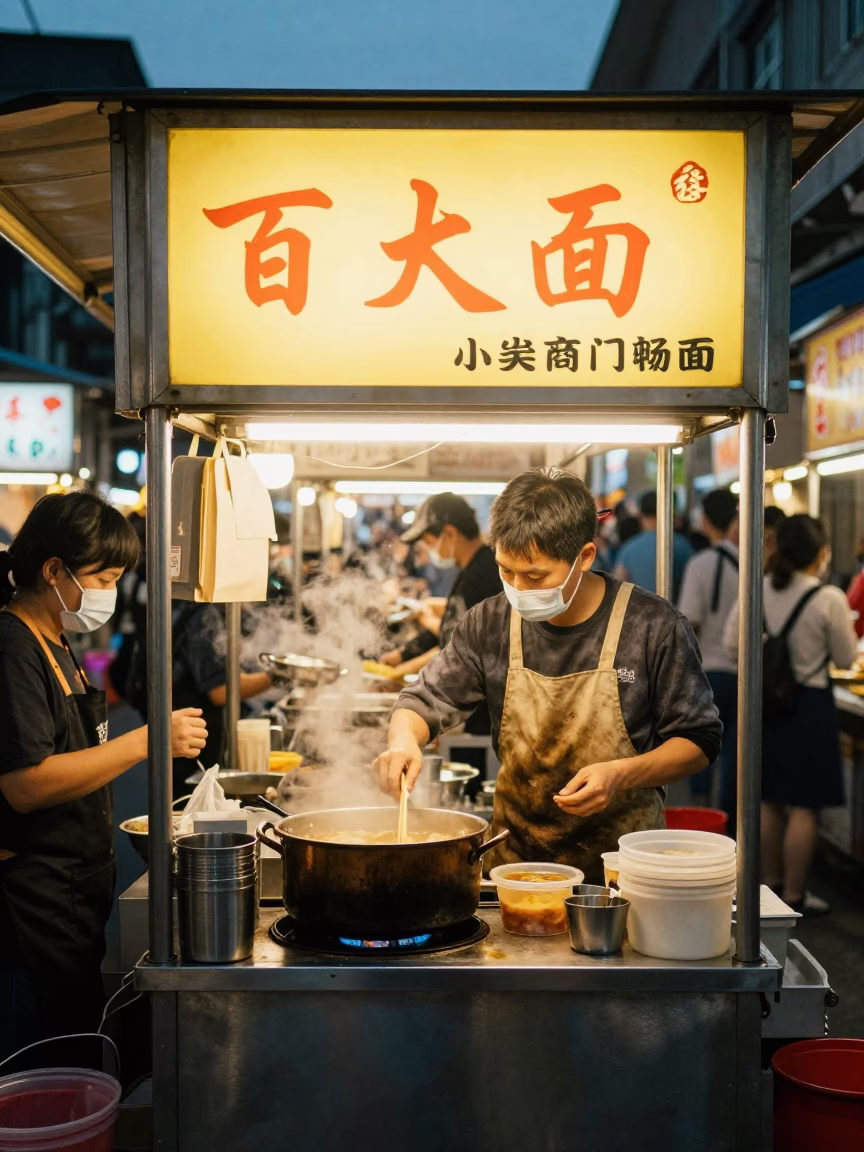 Tainan Night Market Street Food Stall with Tantanmen Ramen and Chili Oil in in Tainan, Taiwan
