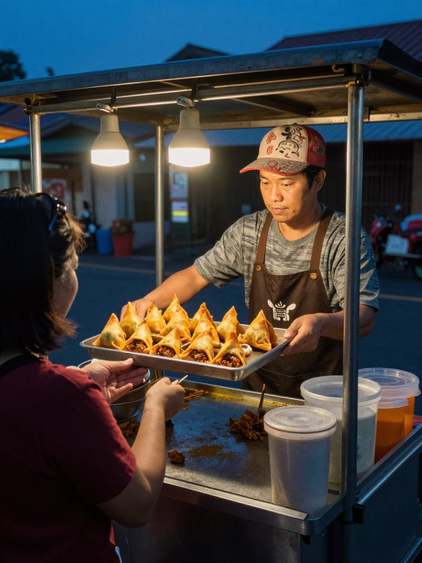 Tainan Night Market Street Food Vendor Serving Spiced Meat Sambusa at Indigo Twilight in in Tainan, Taiwan