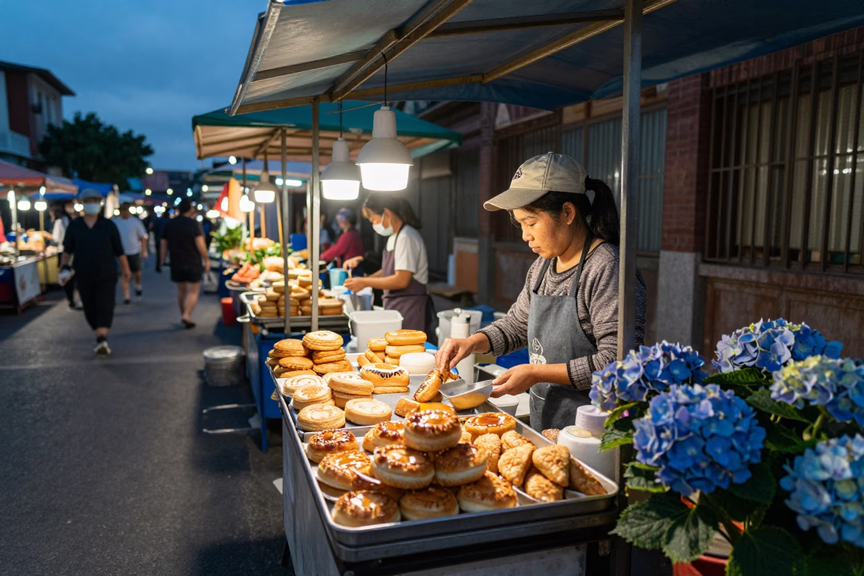 Tainan Night Market Street Scene with Pastries and Hydrangeas at Dusk in in Tainan, Taiwan