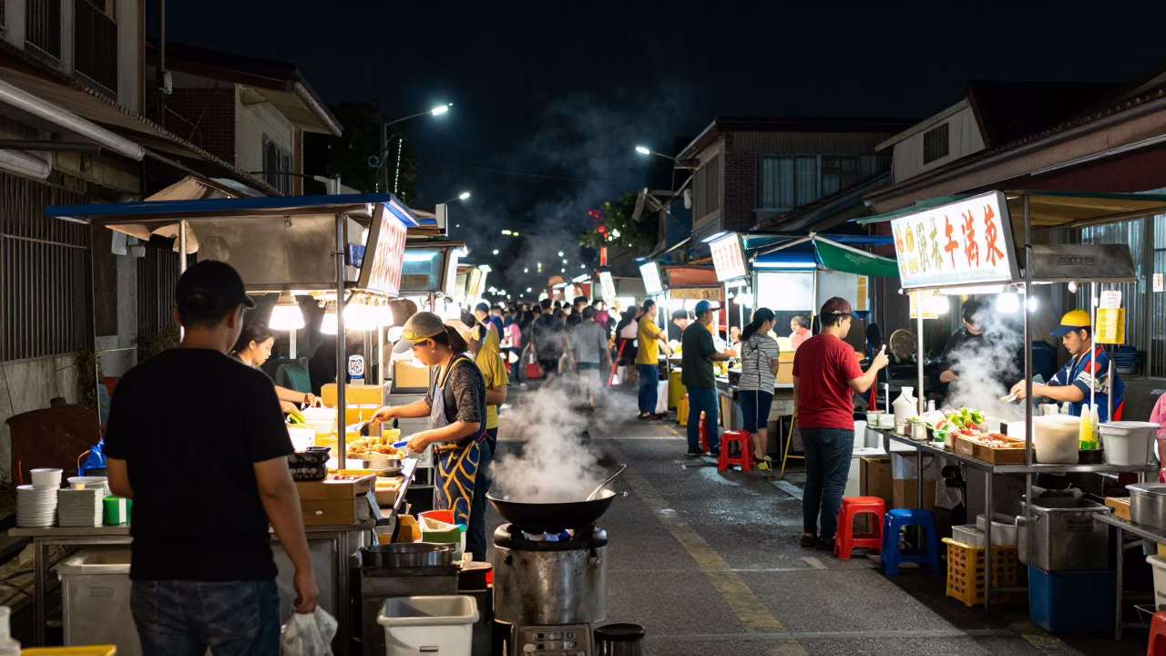 Tainan Night Street Scene with Food Stall and Local Interaction in in Tainan, Taiwan