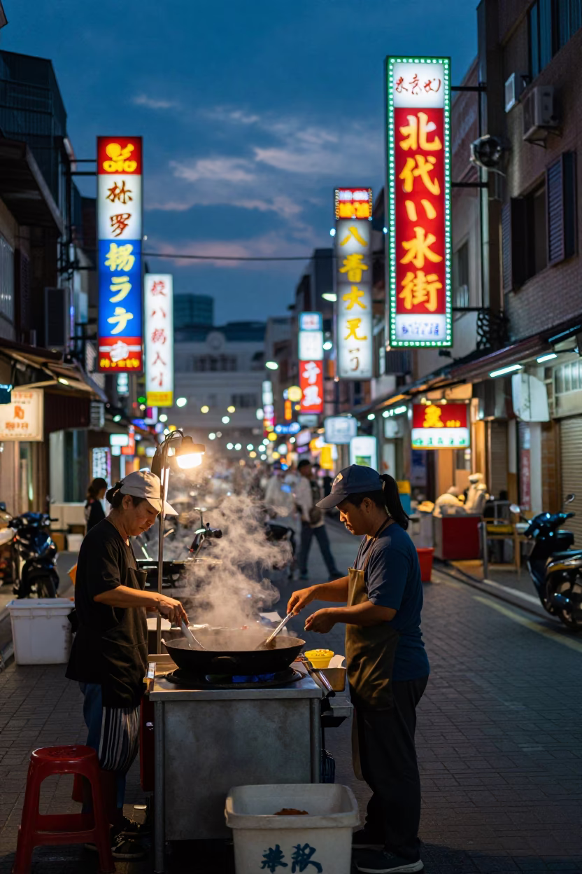 Tainan Night Street Scene with Neon Lights and Local Food Vendor in in Tainan, Taiwan