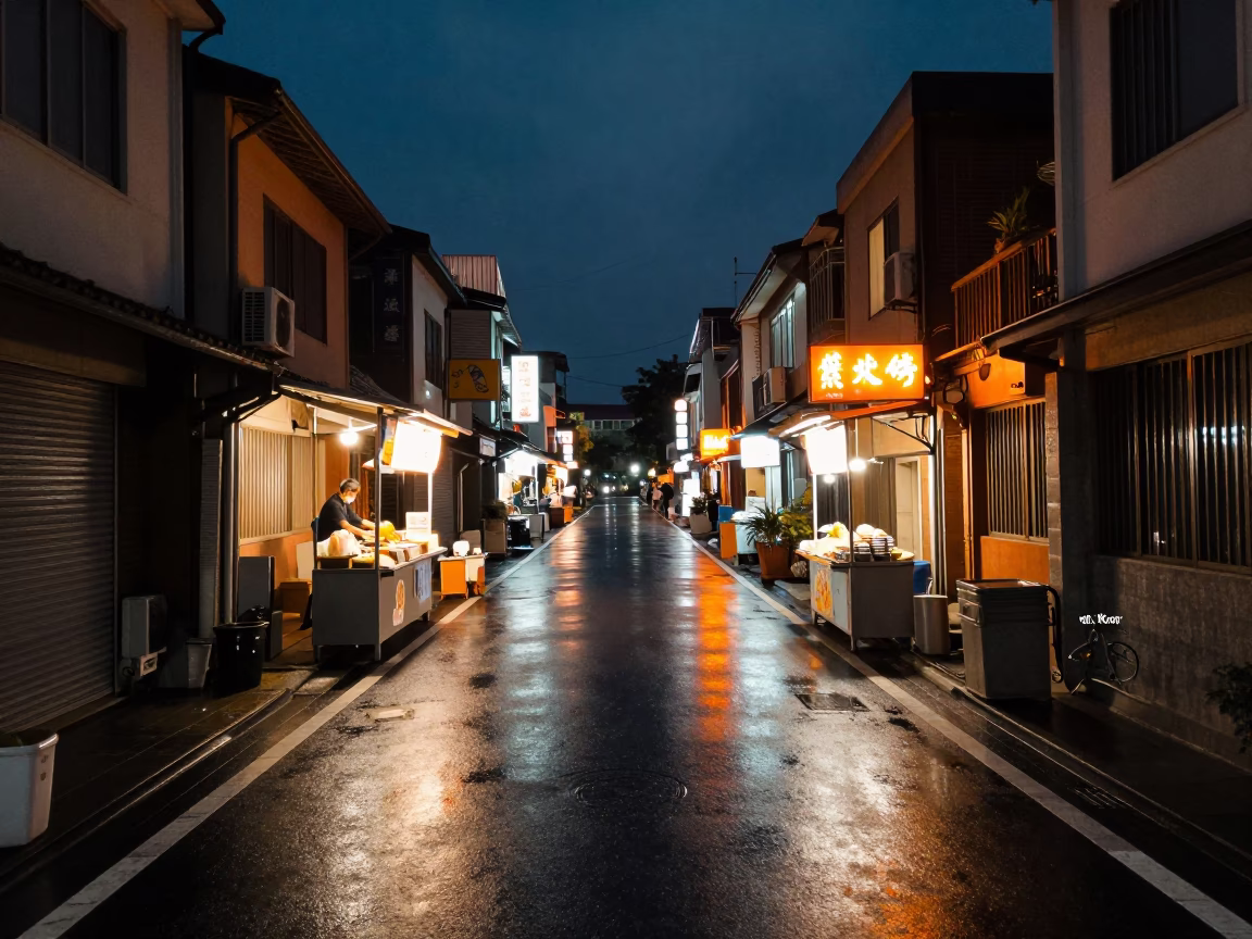 Tainan Night Street Scene with Neon Lights and Local Market Vendors in in Tainan, Taiwan