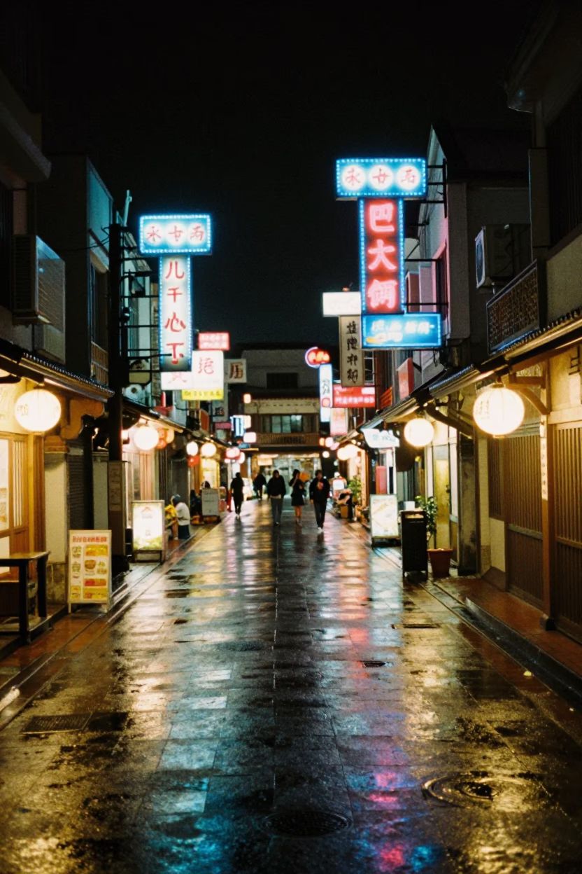 Tainan Night Street Scene with Neon Signs and Wet Pavement Reflections in in Tainan, Taiwan
