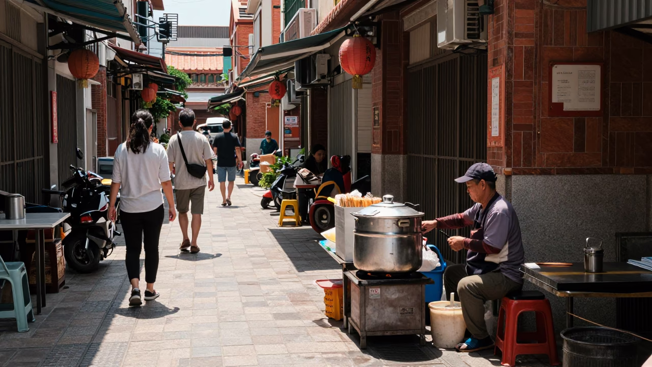 Tainan noon street scene with vendor and customers under flat glare in in Tainan, Taiwan