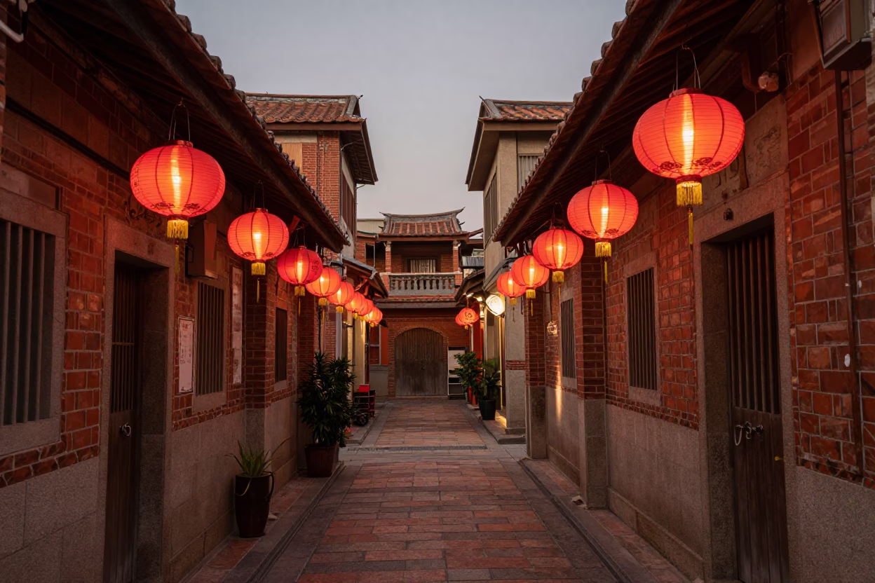 Tainan Old Town Alley at Dusk with Lanterns and Wisteria in in Tainan, Taiwan