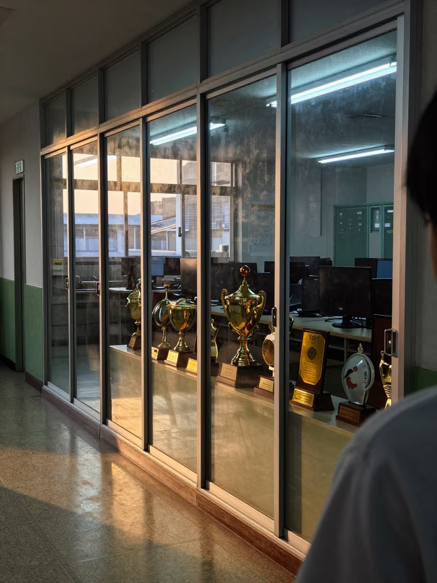 Tainan School Corridor Trophy Case Sunset Glow in in a computer lab before lessons in Tainan