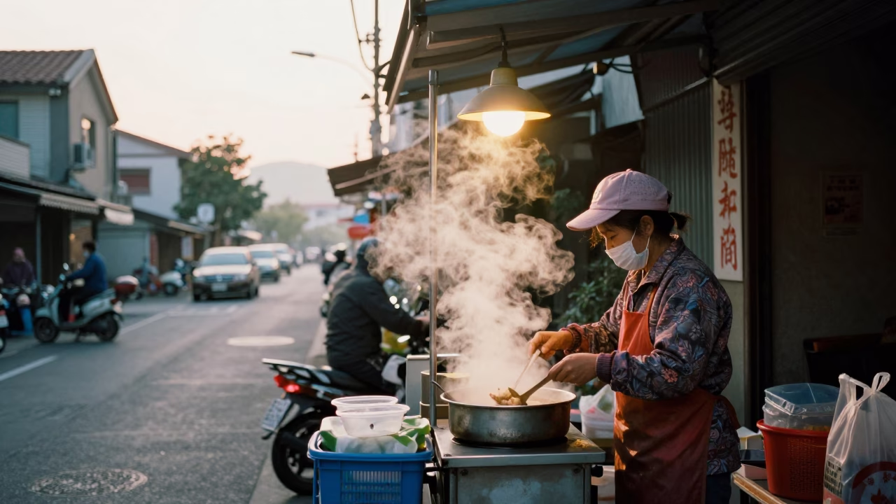 Tainan Street Breakfast Morning Light with Steam and Local Vendor Interaction in in Tainan, Taiwan