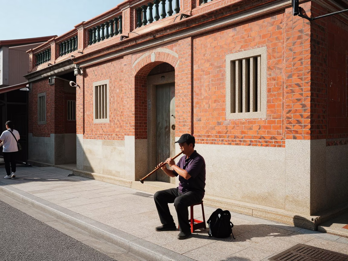 Tainan street corner midmorning light with wooden flute player and casual pedestrian in in Tainan, Taiwan