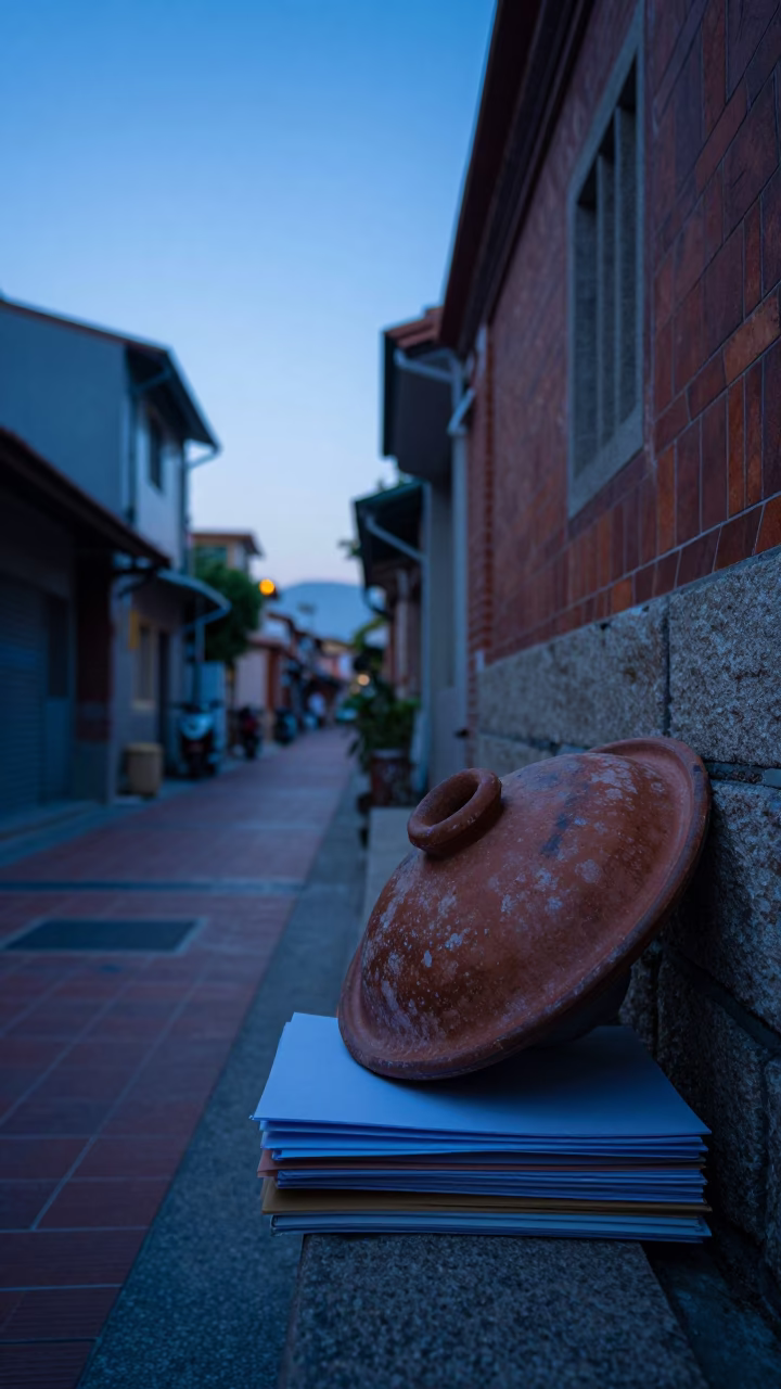 Tainan Street Dawn with Vintage Pot Lid and File Box in in Tainan, Taiwan