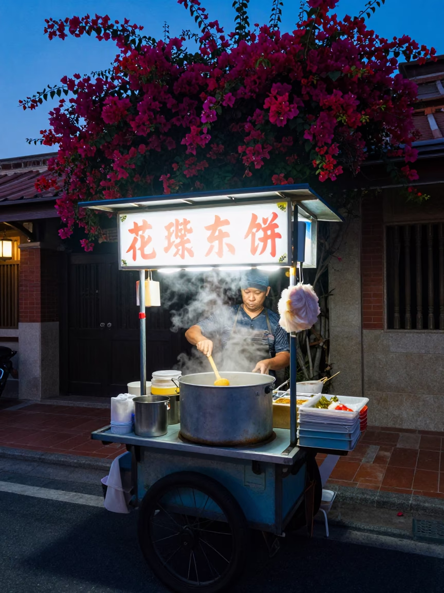 Tainan Street Food Stall Evening Scene with Bougainvillea and Black Cat in in Tainan, Taiwan