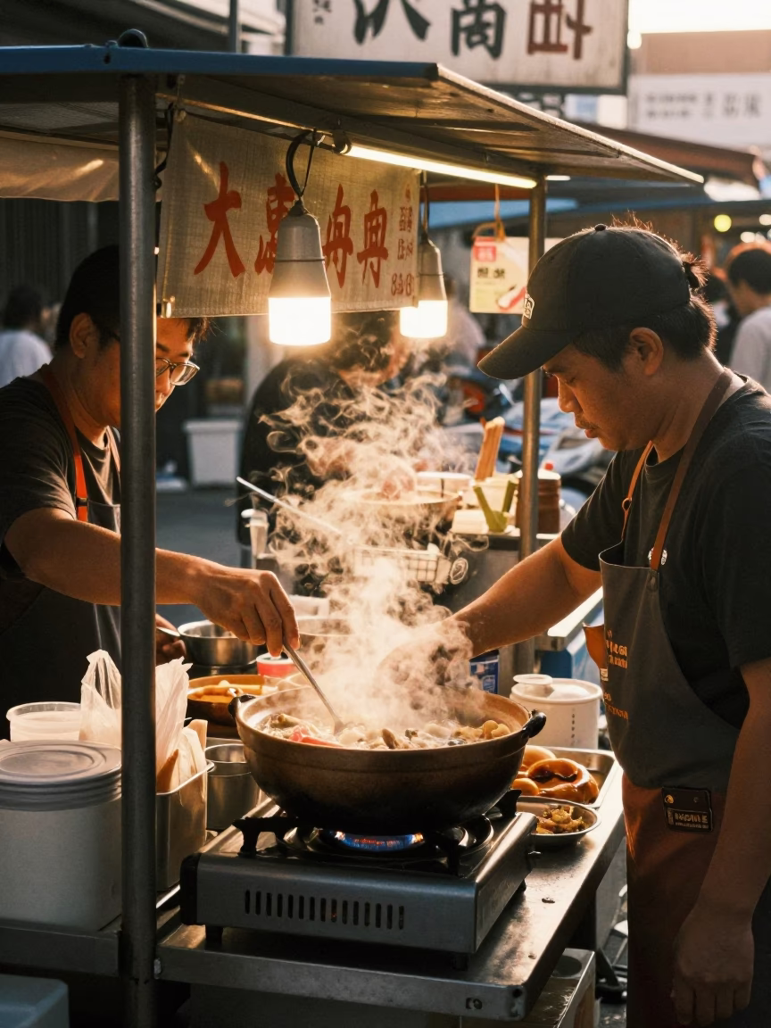 Tainan Street Food Stall First Light Morning Breakfast Scene in in Tainan, Taiwan