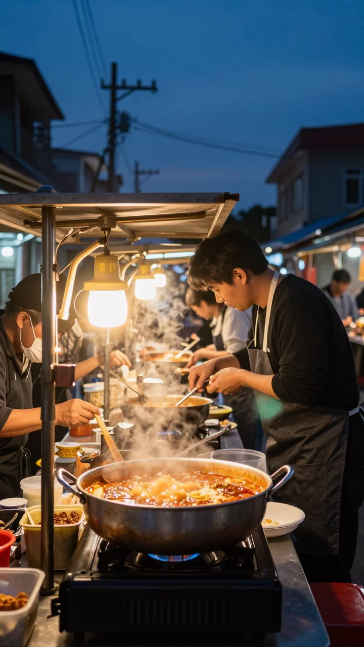 Tainan street food stall in indigo twilight with bubbling stew and local diners in in Tainan, Taiwan