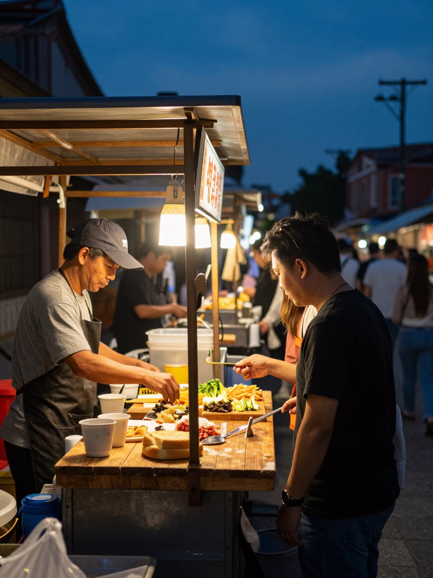 Tainan Street Food Stall in Indigo Twilight with Wooden Bread Board and Butter Knife in in Tainan, Taiwan