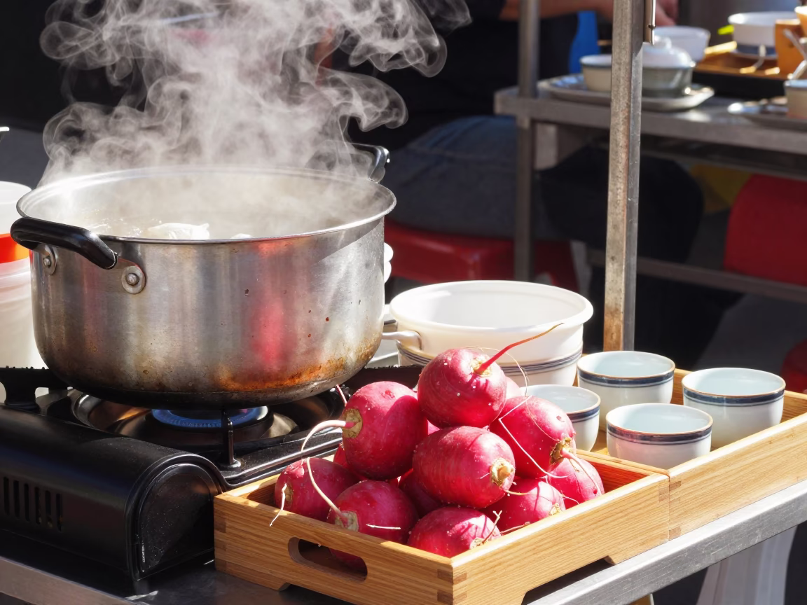 Tainan Street Food Stall Midmorning Radishes and Tea Tray in in Tainan, Taiwan