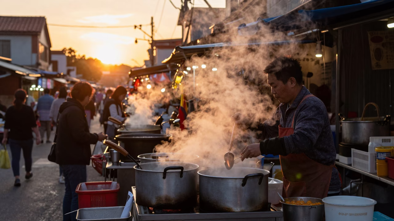 Tainan street food vendor at sunset with steam and local dining atmosphere in in Tainan, Taiwan