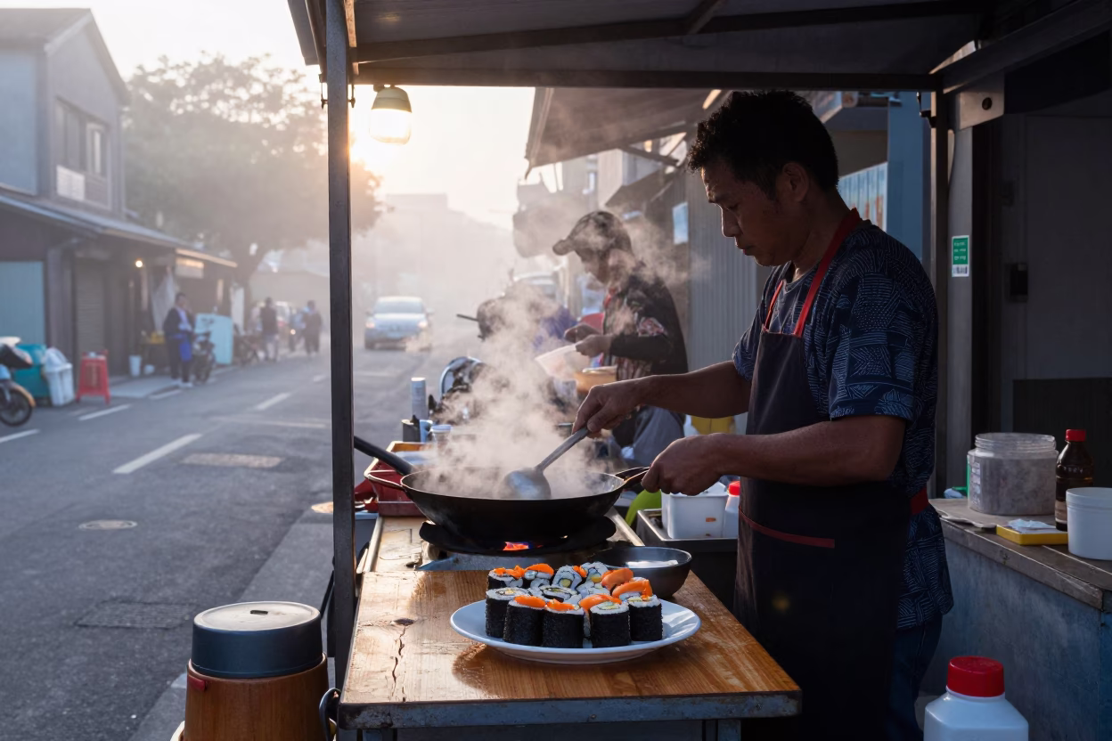Tainan street food vendor preparing breakfast before sunrise with colorful lanterns in in Tainan, Taiwan