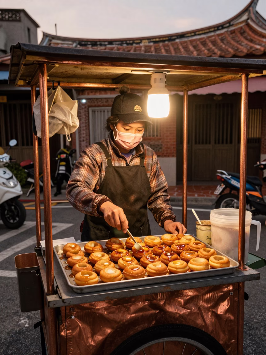 Tainan Street Food Vendor Serving Loukoumades in Copper Toned Dusk Light in in Tainan, Taiwan