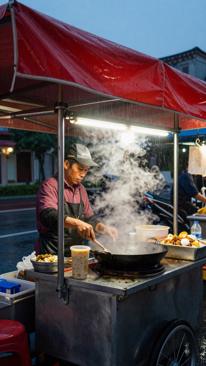 Tainan street food vendor under light rain dusk in in Tainan, Taiwan