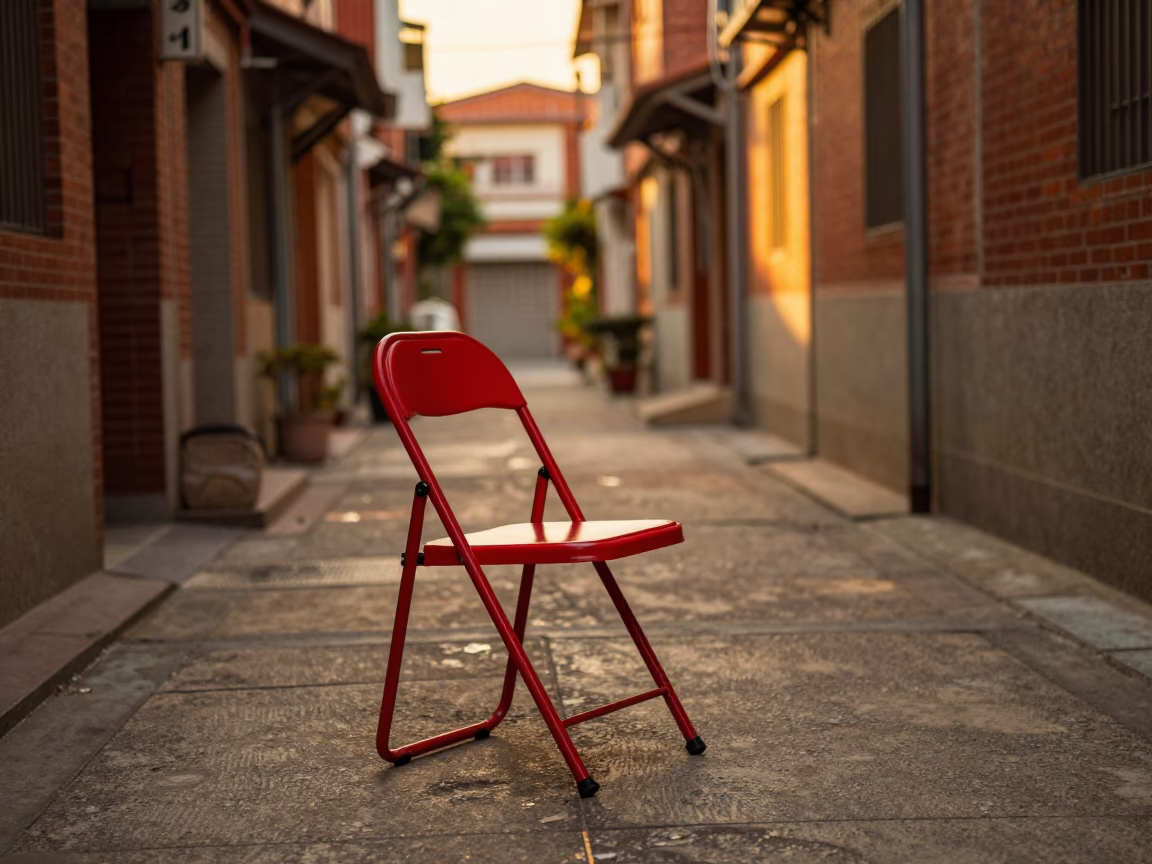 Tainan street scene at dusk with folding chair and morning glory vines in in Tainan, Taiwan