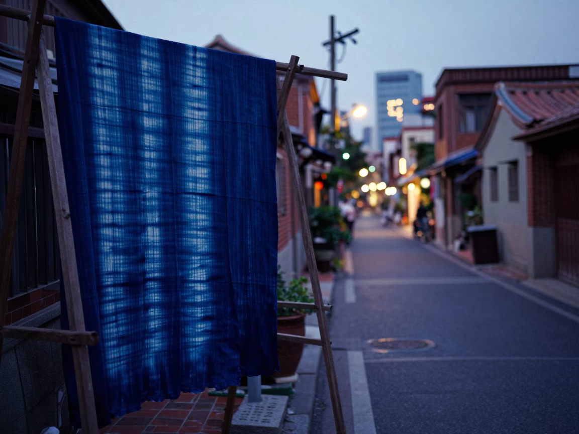 Tainan Street Scene at Dusk with Indigo Fabric and Wicker Shadows in in Tainan, Taiwan