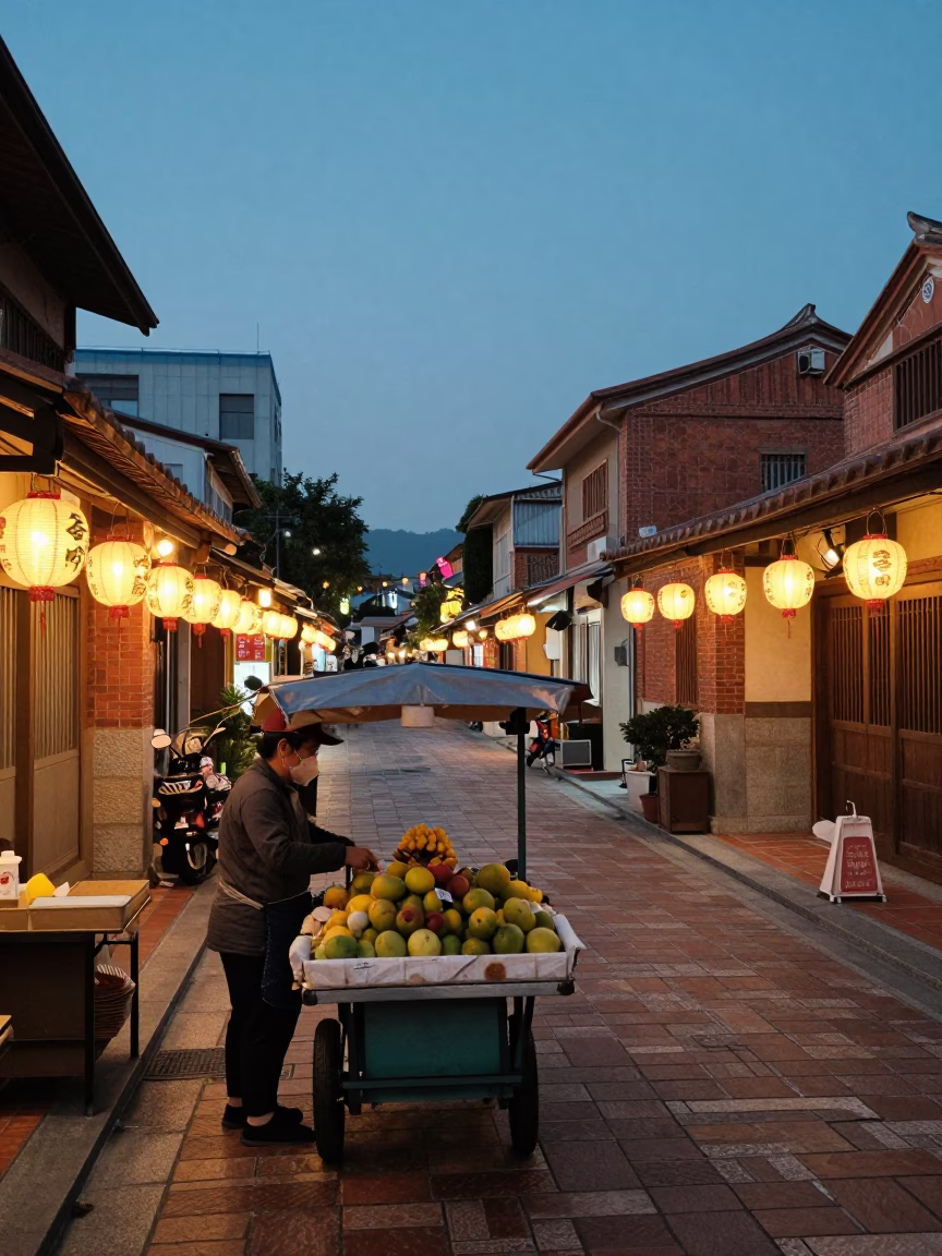 Tainan Street Scene at Dusk with Lanterns and Local Vendor in in Tainan, Taiwan