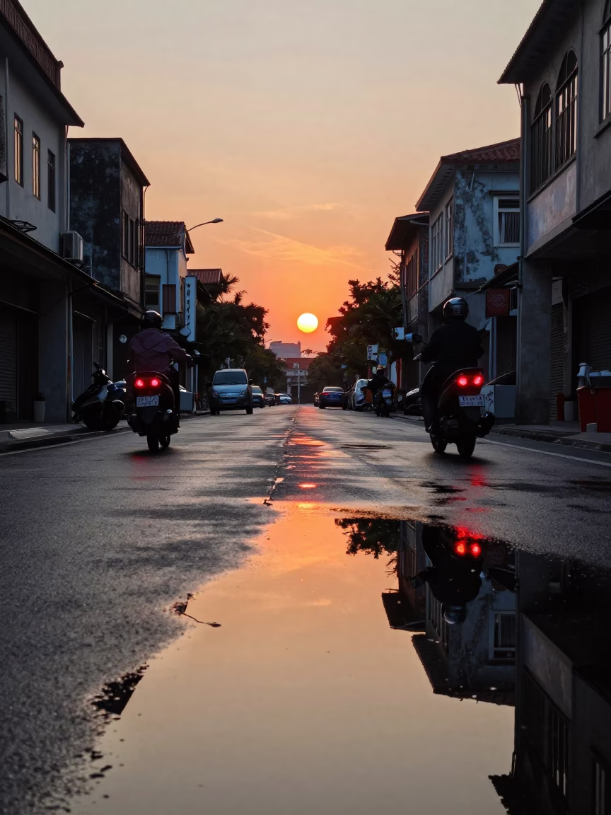 Tainan street scene at dusk with puddle reflections of hotel windows and tail lights in in Tainan, Taiwan